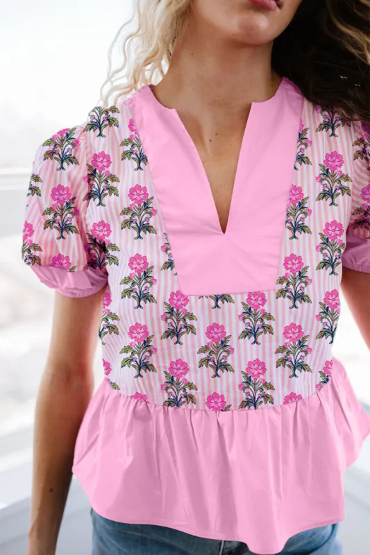 Rose Floral Striped Print Contrast Patchwork Ruffle Hem Blouse made by Beagle Boutique