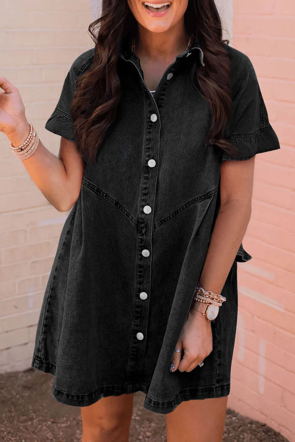Ruffled Short Sleeve Button Up Loose Denim Shirt Dress sold by Beagle Boutique