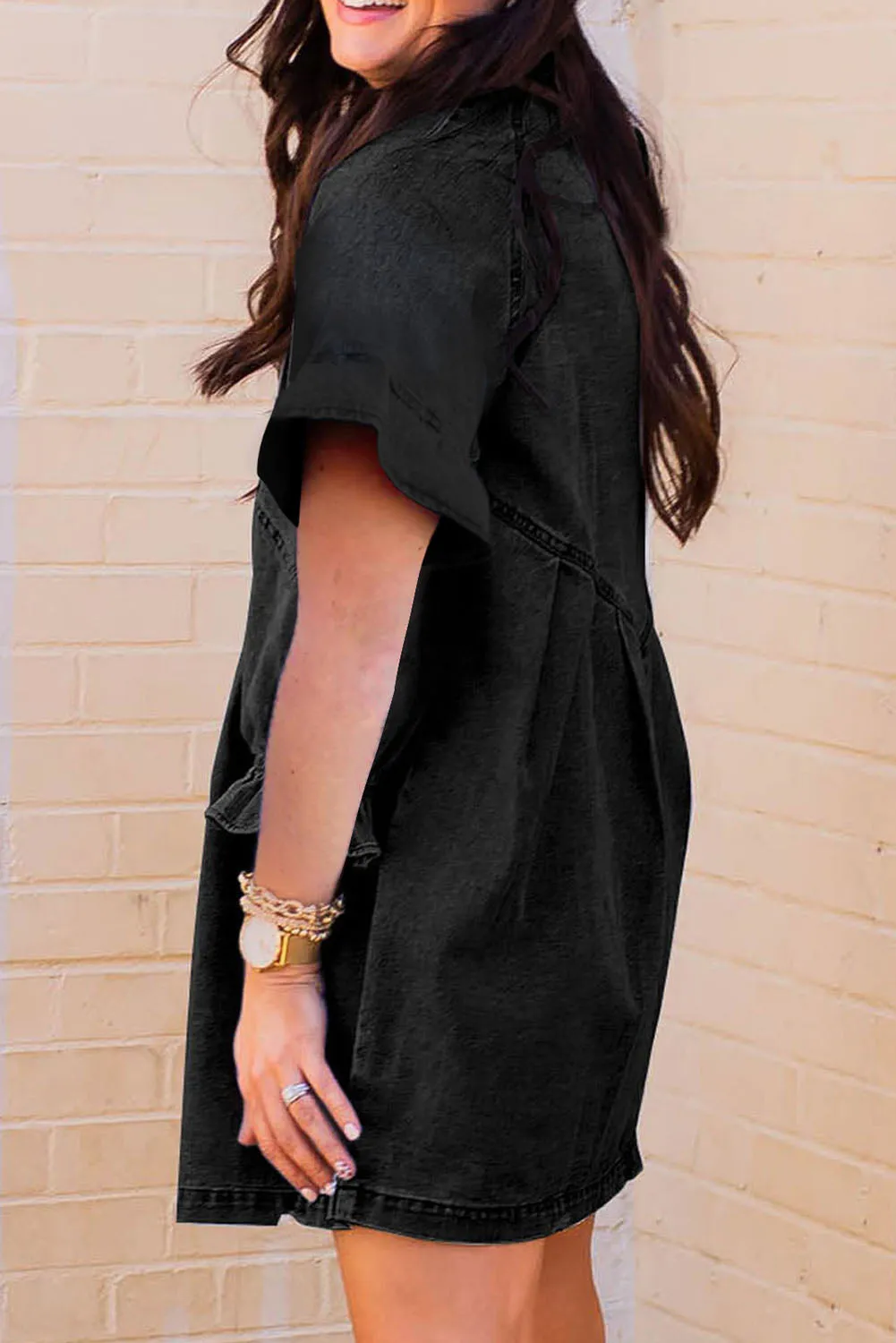 Ruffled Short Sleeve Button Up Loose Denim Shirt Dress sold by Beagle Boutique product image thumbnail 2