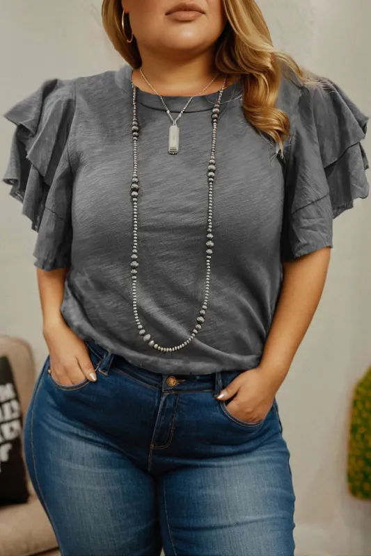 Dark Grey Double Ruffled Short Sleeve Plus Size Top sold by Beagle Boutique