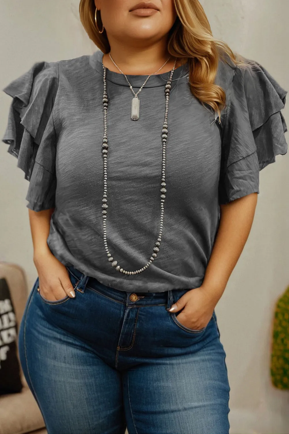 Dark Grey Double Ruffled Short Sleeve Plus Size Top sold by Beagle Boutique
