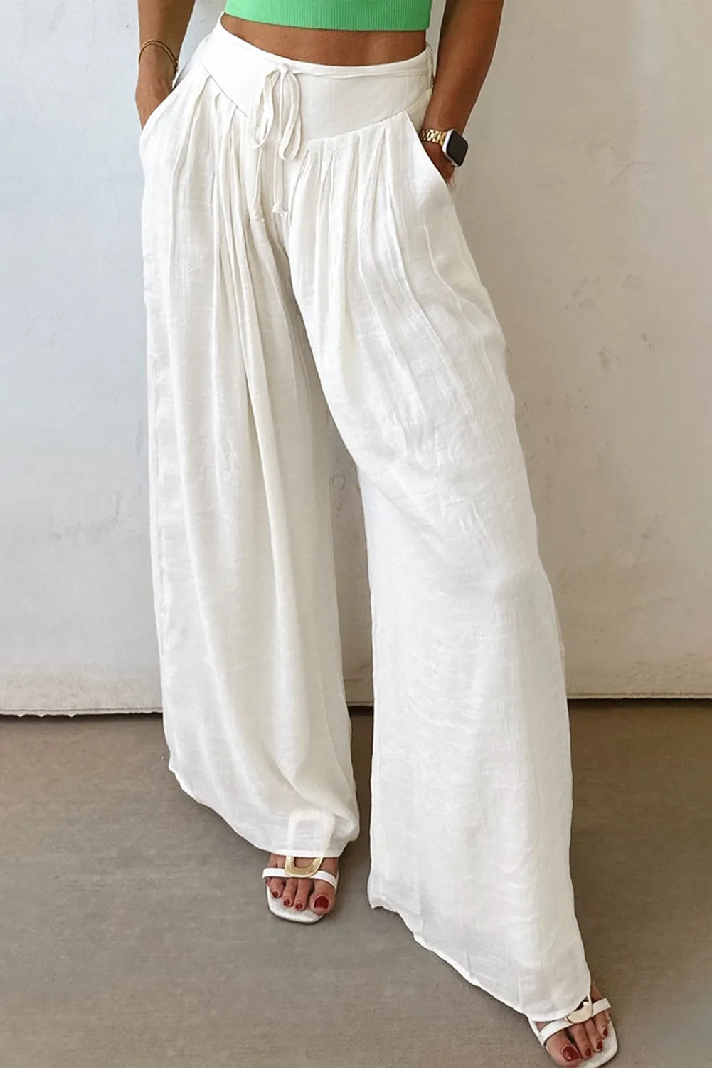 White Pleated Wide Leg Casual Trousers sold by Beagle Boutique