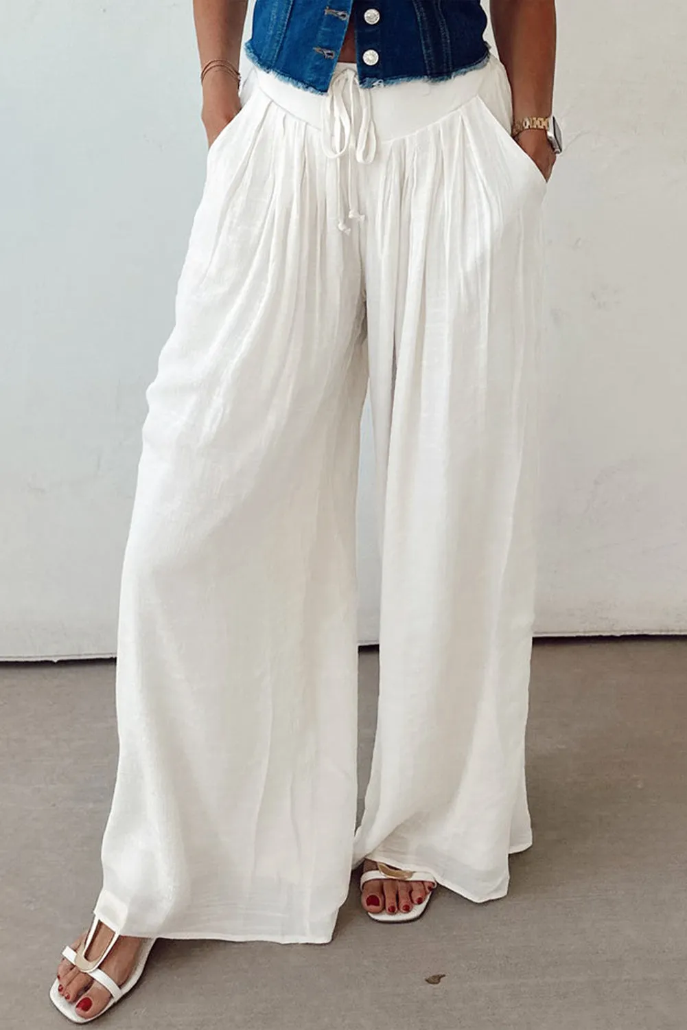 White Pleated Wide Leg Casual Trousers sold by Beagle Boutique product image thumbnail 3