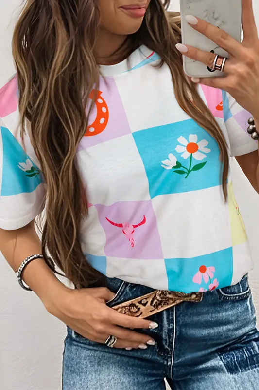 Western Fashion Checker Print Crewneck T-Shirt sold by Beagle Boutique