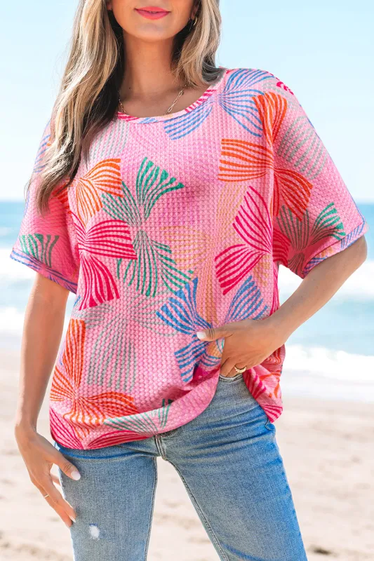 Pink Bowknot Printed Waffle Crewneck Loose Short Sleeve Top sold by Beagle Boutique