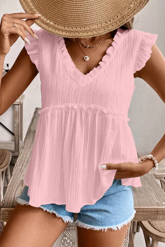 Textured Ruffled Trim V-Neck Flutter Flowy Top sold by Beagle Boutique