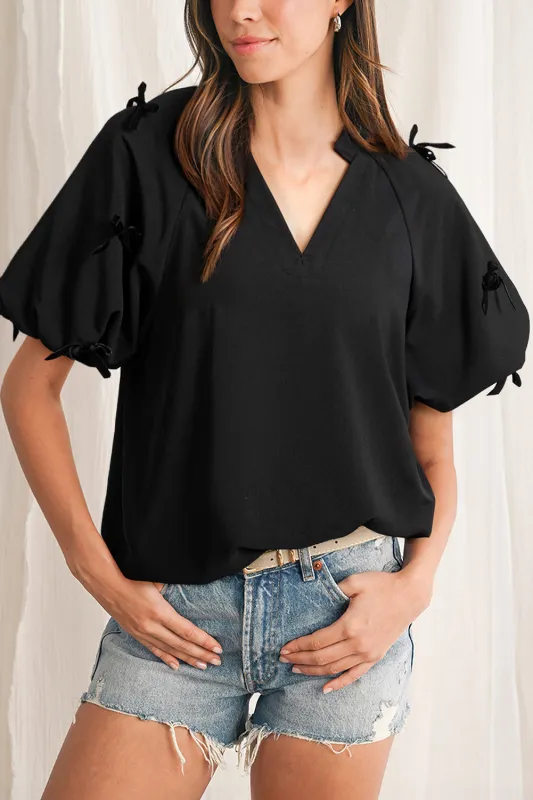 Black Bow Decor Puff Sleeve Split Neck Blouse sold by Beagle Boutique