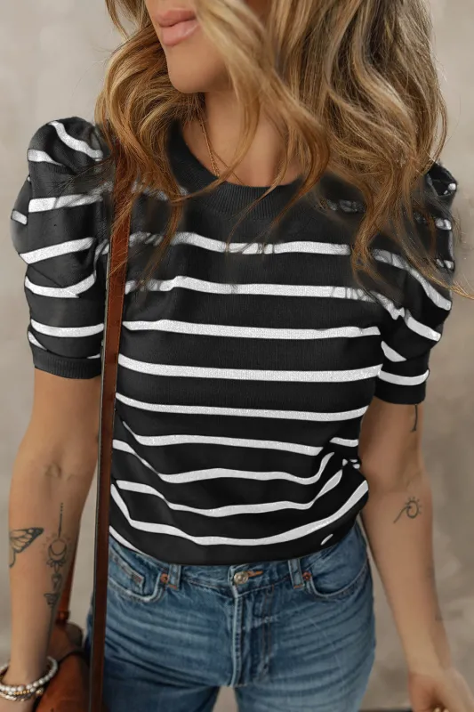 Ribbed Trim Round Neck Bubble Sleeve Knitted Top sold by Beagle Boutique