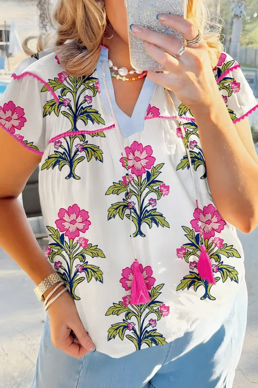 Rose Vintage Floral Print Contrast Notched V Neck Plus Size Summer Blouse sold by Beagle Boutique