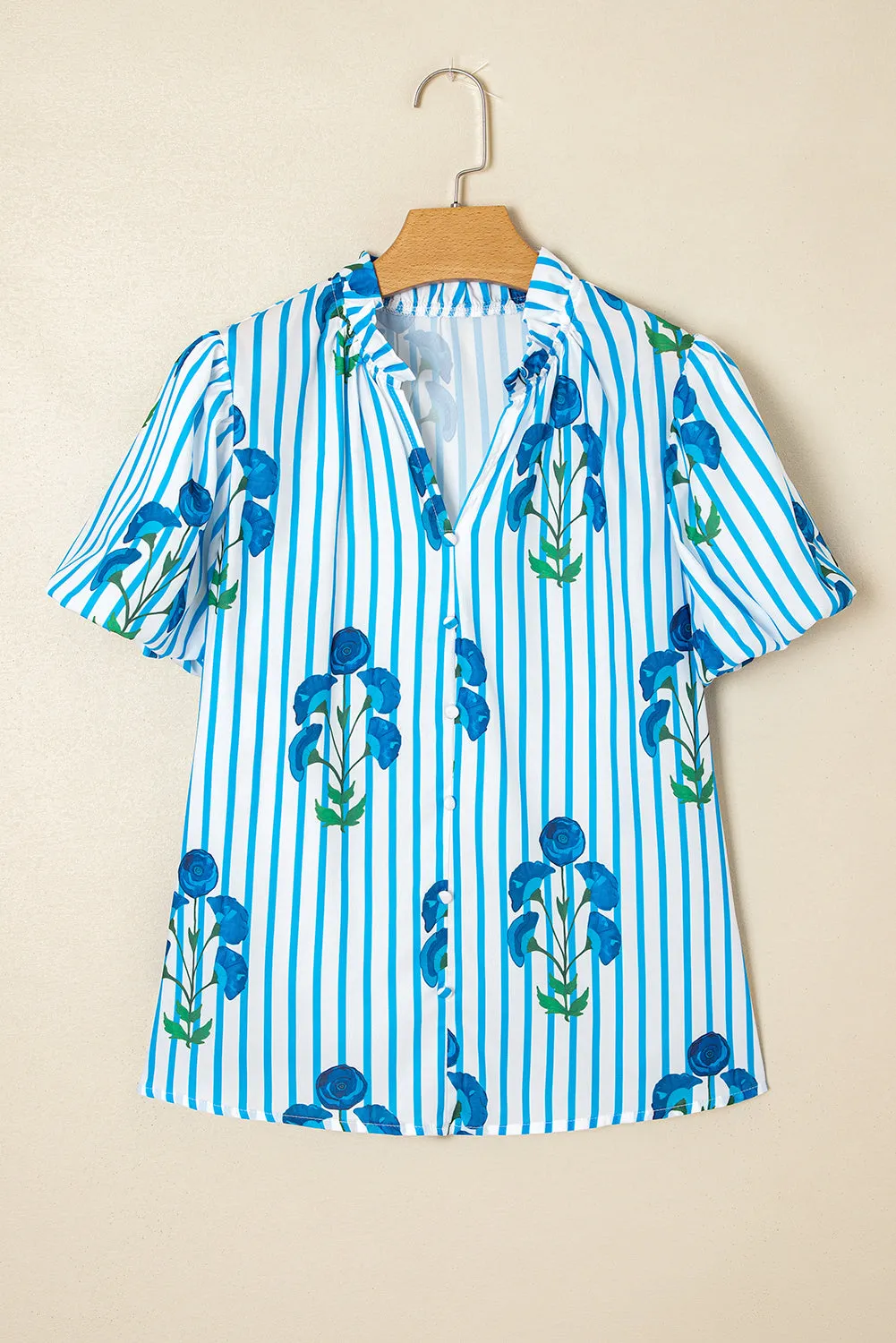 Sky Blue Stripe Floral Buttoned Frilly Notched Neck Puff Sleeve Summer Blouse sold by Beagle Boutique product image thumbnail 4