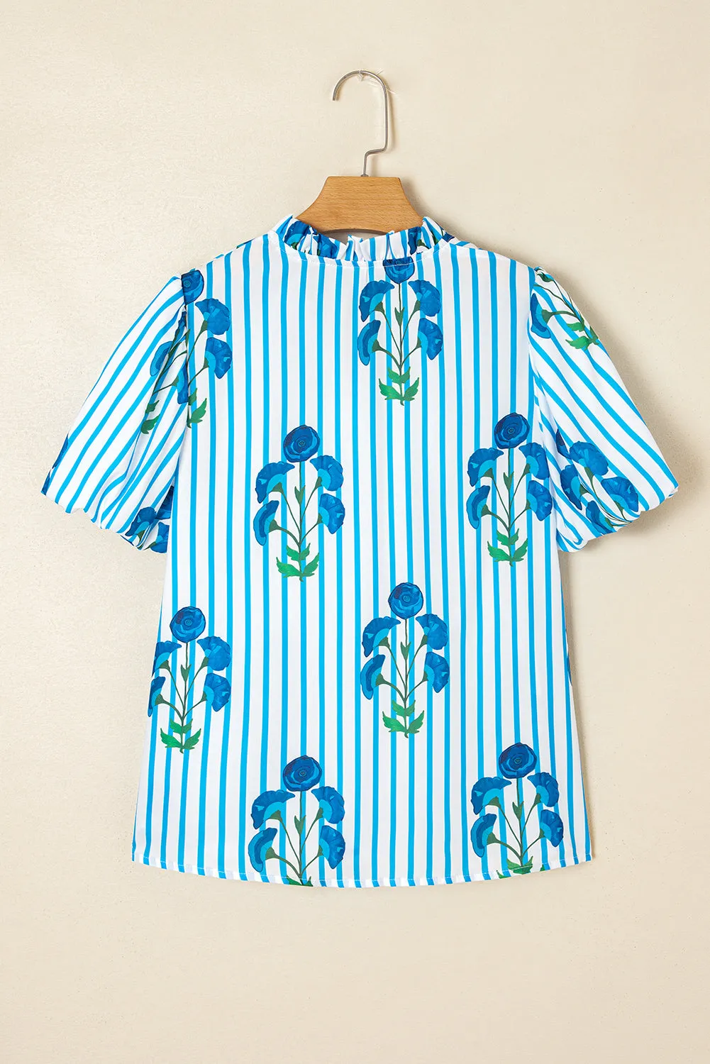Sky Blue Stripe Floral Buttoned Frilly Notched Neck Puff Sleeve Summer Blouse sold by Beagle Boutique product image thumbnail 5