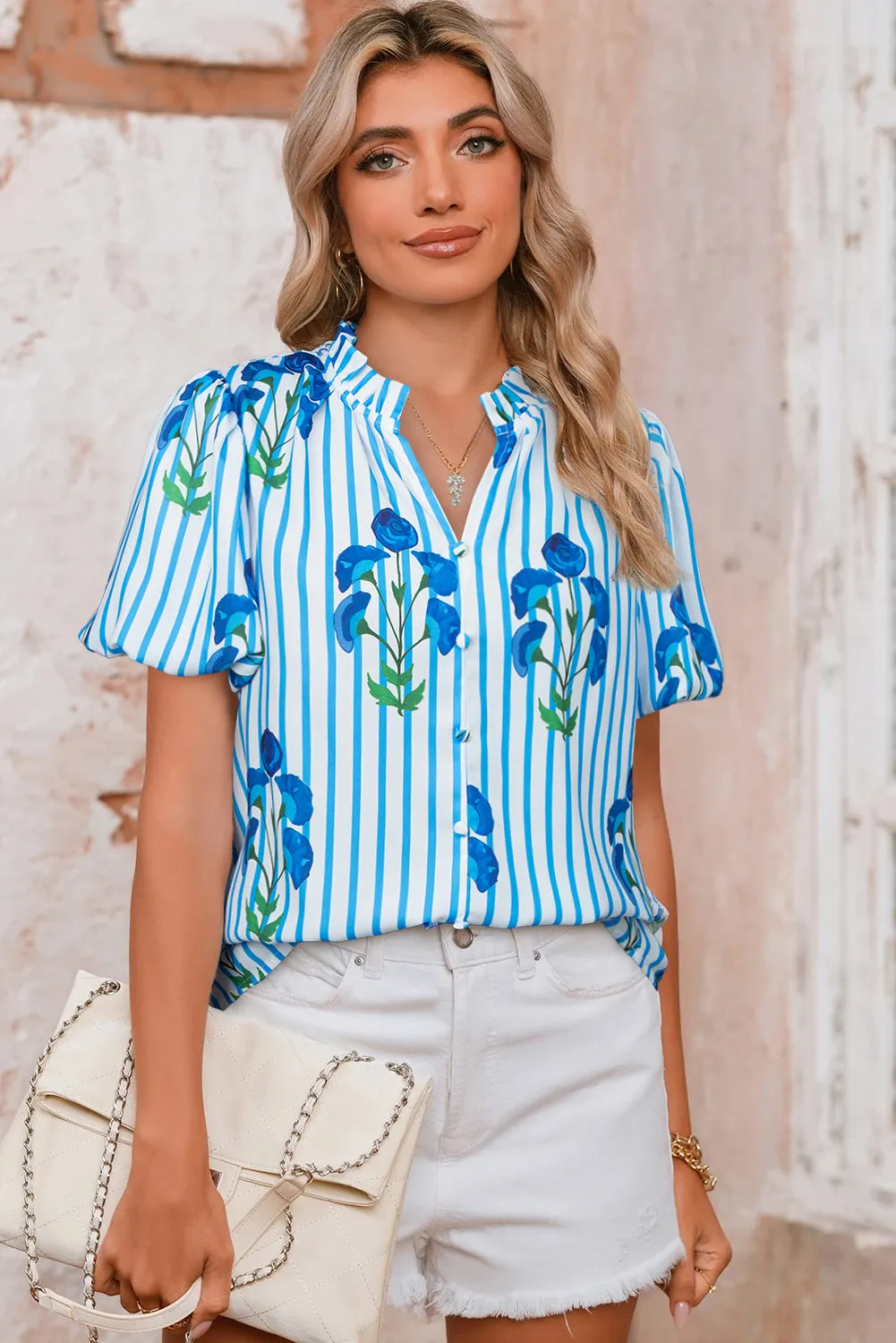 Sky Blue Stripe Floral Buttoned Frilly Notched Neck Puff Sleeve Summer Blouse sold by Beagle Boutique product image thumbnail 3