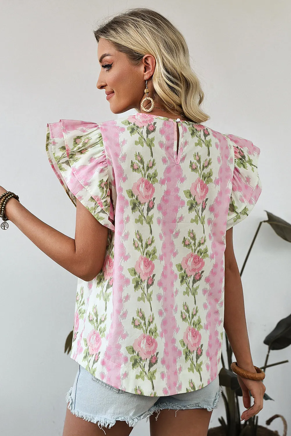 Pink Floral Print Ruffled Sleeve Summer Top sold by Beagle Boutique product image thumbnail 2