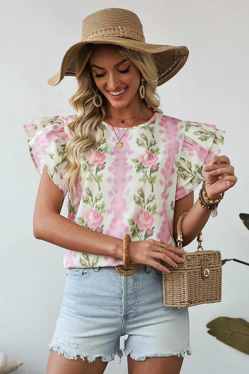 Pink Floral Print Ruffled Sleeve Summer Top sold by Beagle Boutique product image thumbnail 3