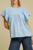 Beau Blue Solid Color Embroidered Scalloped Sleeves Crew Neck Blouse sold by Beagle Boutique