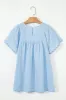 Beau Blue Solid Color Embroidered Scalloped Sleeves Crew Neck Blouse sold by Beagle Boutique