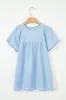 Beau Blue Solid Color Embroidered Scalloped Sleeves Crew Neck Blouse sold by Beagle Boutique