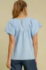 Beau Blue Solid Color Embroidered Scalloped Sleeves Crew Neck Blouse sold by Beagle Boutique