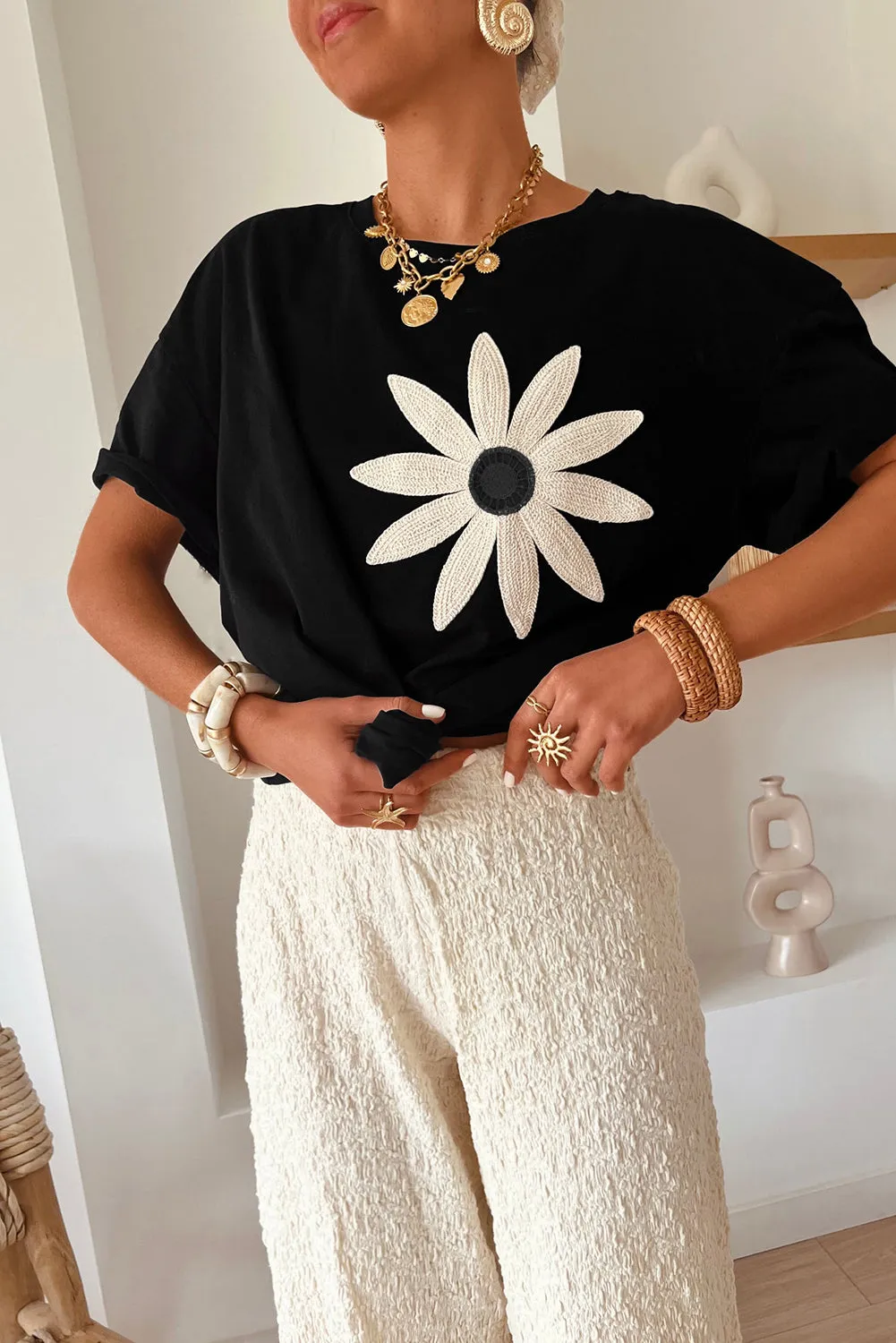 Black Contrast Crochet Floral Graphic Drop Shoulder Loose Tee sold by Beagle Boutique