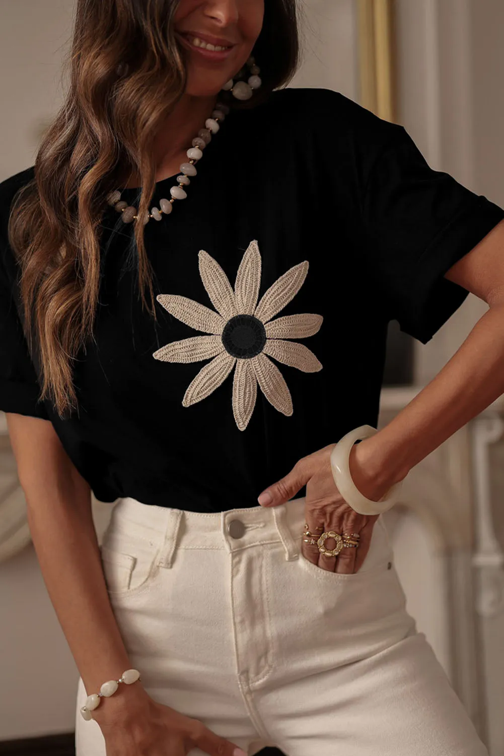 Black Contrast Crochet Floral Graphic Drop Shoulder Loose Tee sold by Beagle Boutique product image thumbnail 4
