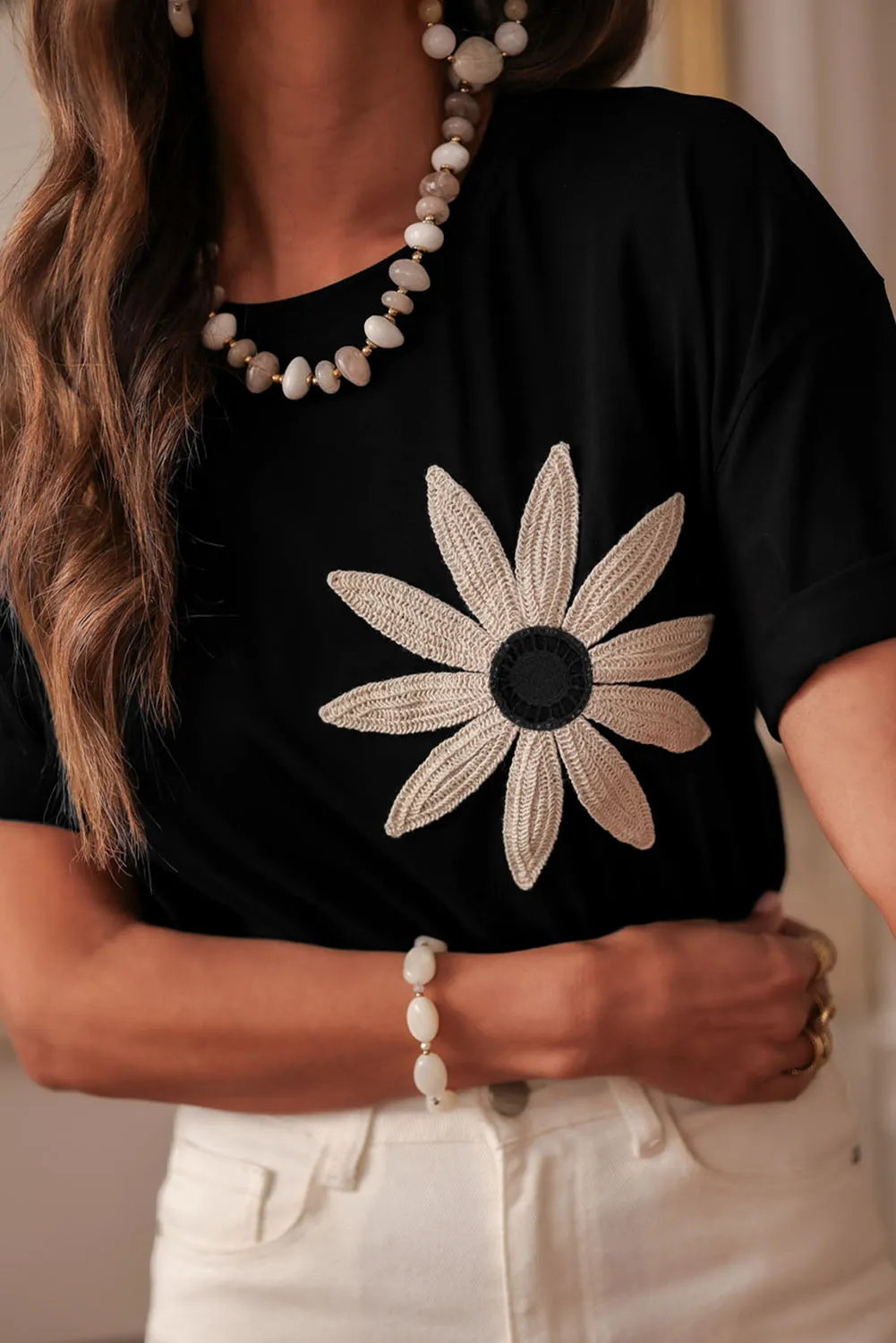 Black Contrast Crochet Floral Graphic Drop Shoulder Loose Tee sold by Beagle Boutique product image thumbnail 2