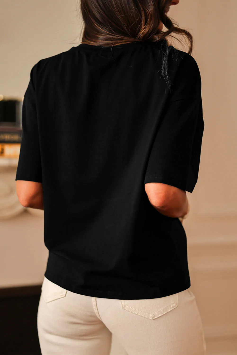 Black Contrast Crochet Floral Graphic Drop Shoulder Loose Tee sold by Beagle Boutique product image thumbnail 3