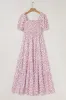 Pink Ruffled Shirred Bodice Tiered Floral Maxi Dress sold by Beagle Boutique