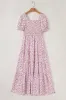 Pink Ruffled Shirred Bodice Tiered Floral Maxi Dress sold by Beagle Boutique
