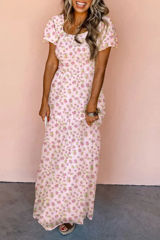 Pink Ruffled Shirred Bodice Tiered Floral Maxi Dress sold by Beagle Boutique