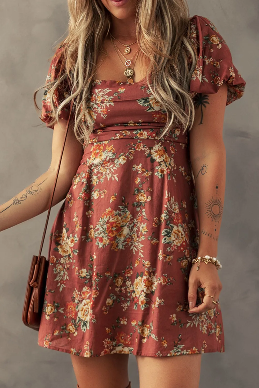 Floral Puff Sleeve Square Neck Knot Open Back Mini Dress sold by Beagle Boutique product image thumbnail 3