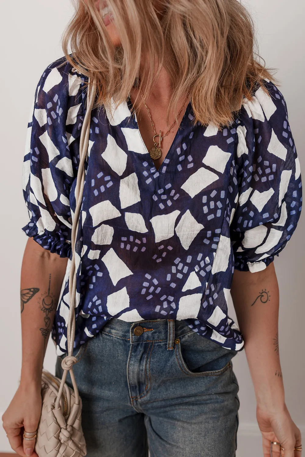 Blue Abstract Print Frilled Puff Sleeve V-Neck Blouse sold by Beagle Boutique