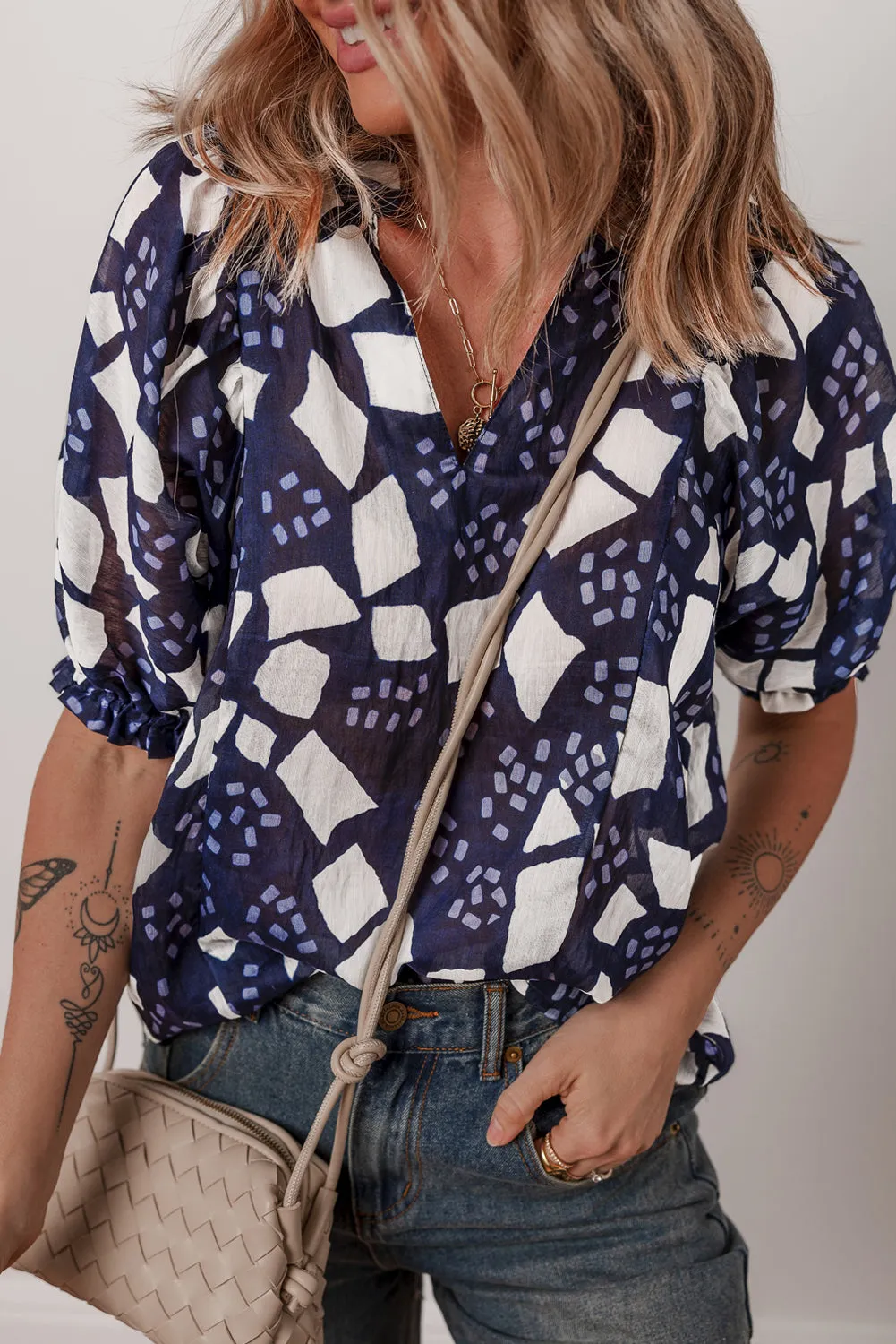 Blue Abstract Print Frilled Puff Sleeve V-Neck Blouse sold by Beagle Boutique product image thumbnail 3