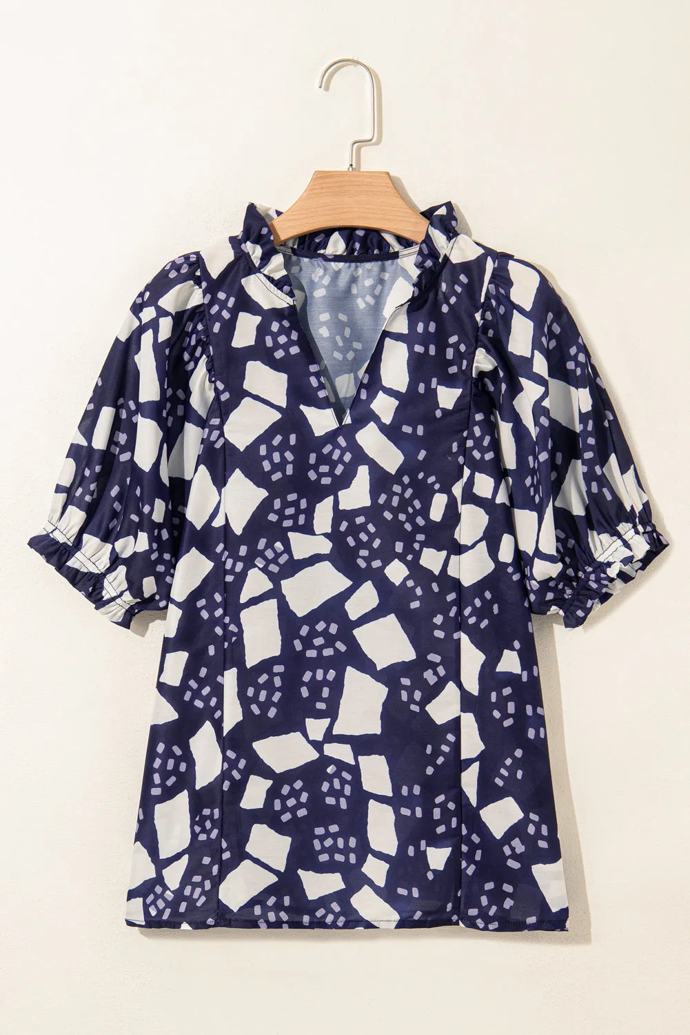 Blue Abstract Print Frilled Puff Sleeve V-Neck Blouse sold by Beagle Boutique product image thumbnail 4