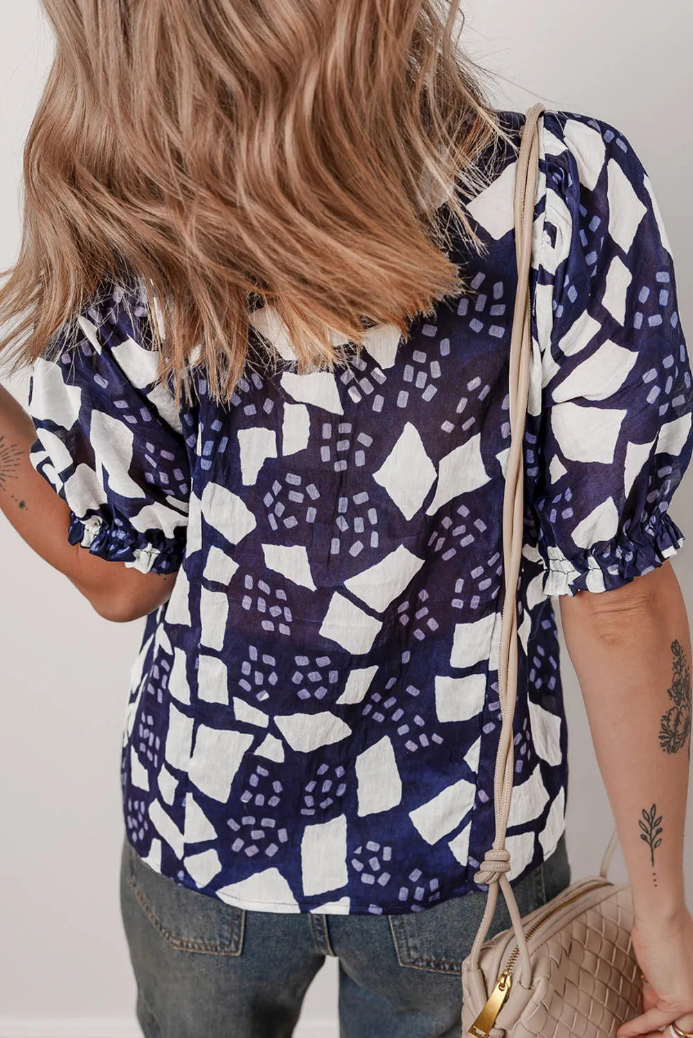 Blue Abstract Print Frilled Puff Sleeve V-Neck Blouse sold by Beagle Boutique product image thumbnail 2