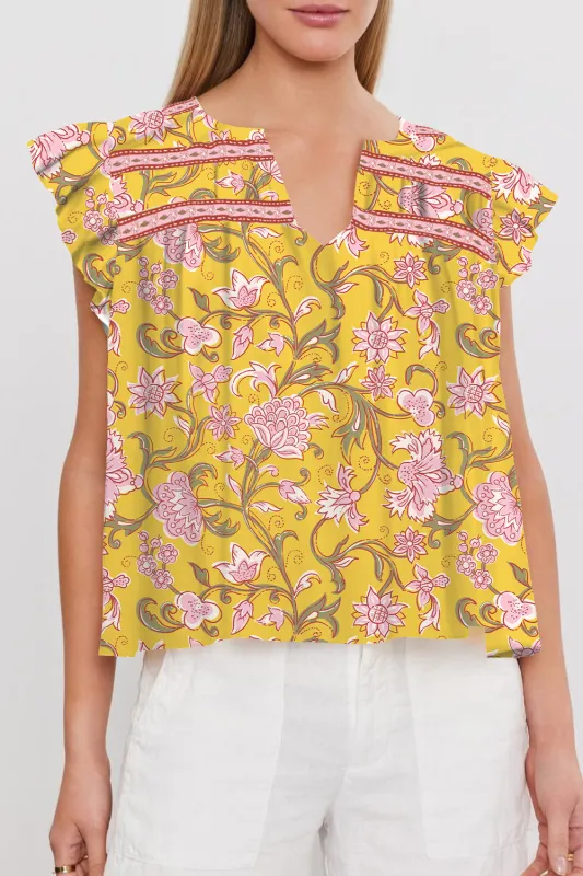 Yellow Floral Notched Neck Ruffled Sleeve Casual Blouse sold by Beagle Boutique