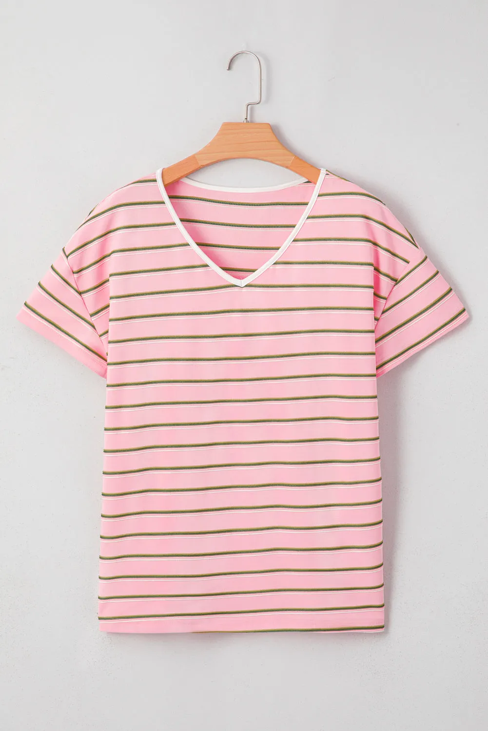 Pink Stripe V-Neck Slim Fit Casual T-Shirt sold by Beagle Boutique product image thumbnail 4