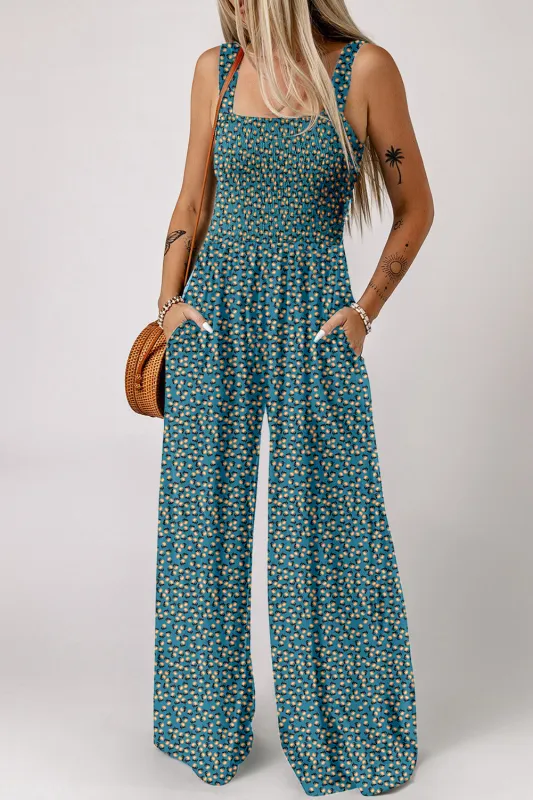 Green Floral Print Smocked High Waist Square Neck Jumpsuit sold by Beagle Boutique
