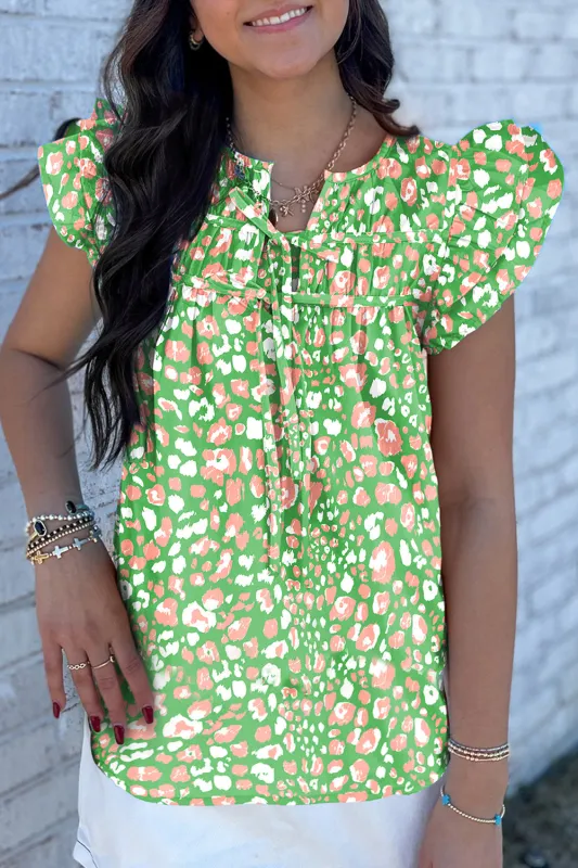 Green Abstract Leopard Tied Front Flutter Sleeve Blouse sold by Beagle Boutique