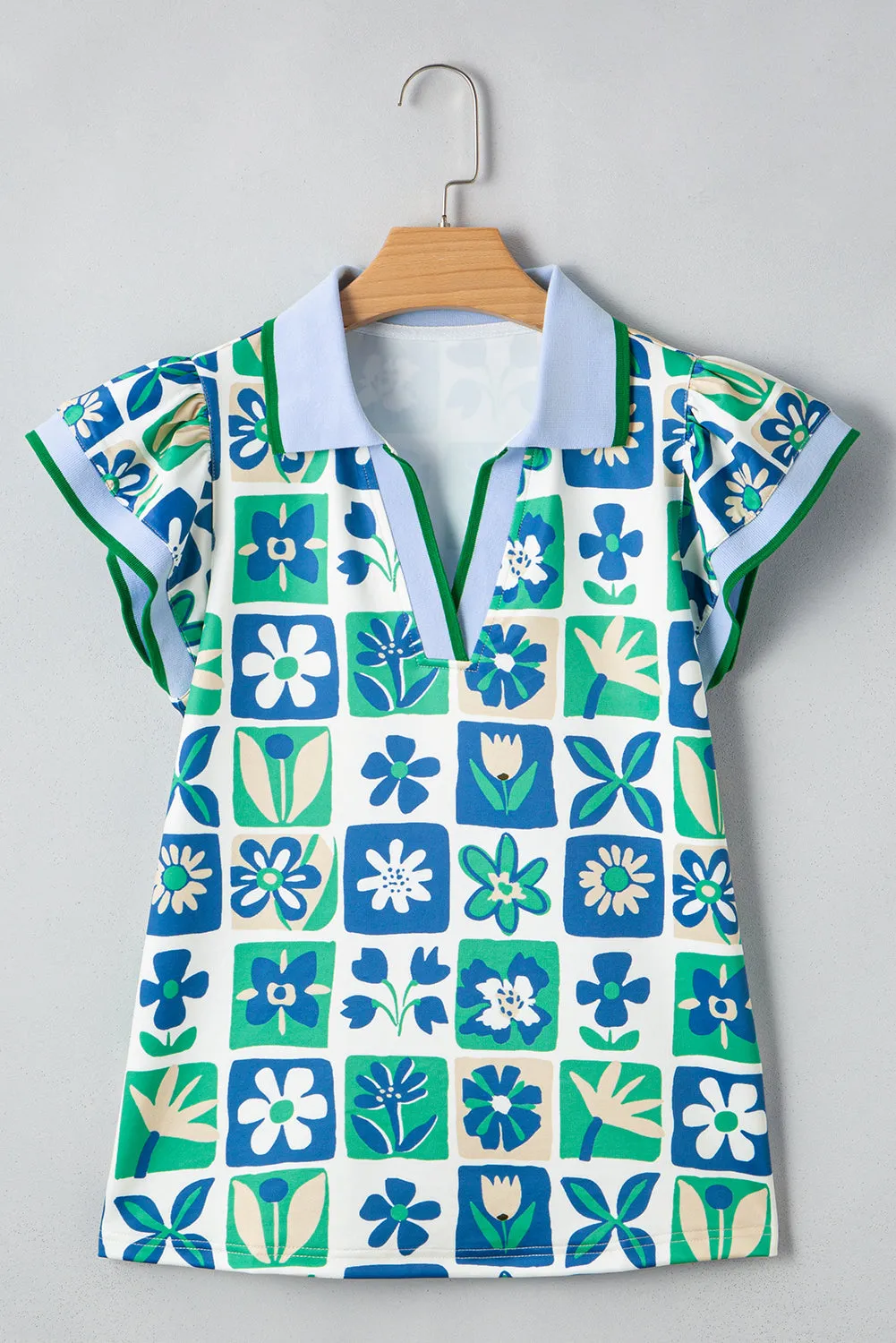 Green Floral Plaid Colourblock Trim Collar Flutter Sleeve Blouse sold by Beagle Boutique product image thumbnail 3