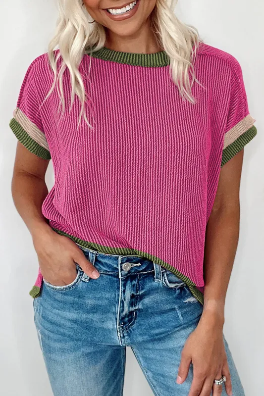 Textured Contrast Trim Round Neck T-Shirt sold by Beagle Boutique