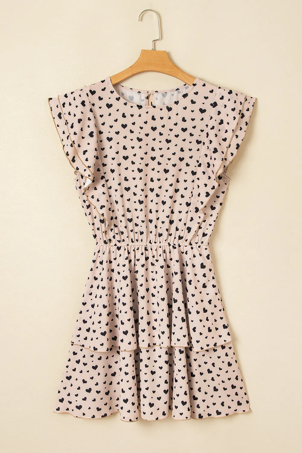 Khaki Heart Printed Flutter Sleeve Tiered Ruffle Mini Dress sold by Beagle Boutique product image thumbnail 3