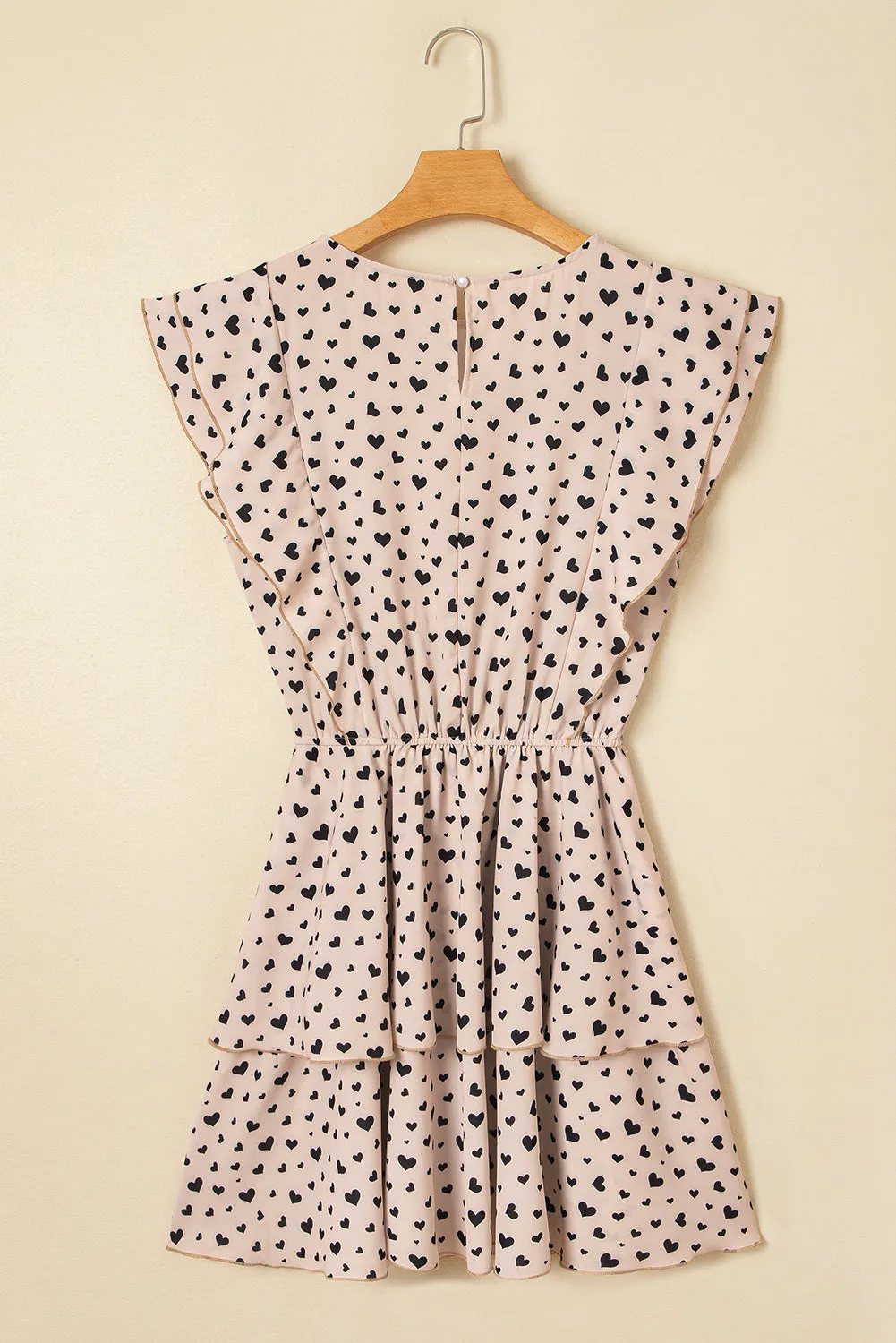 Khaki Heart Printed Flutter Sleeve Tiered Ruffle Mini Dress sold by Beagle Boutique product image thumbnail 4