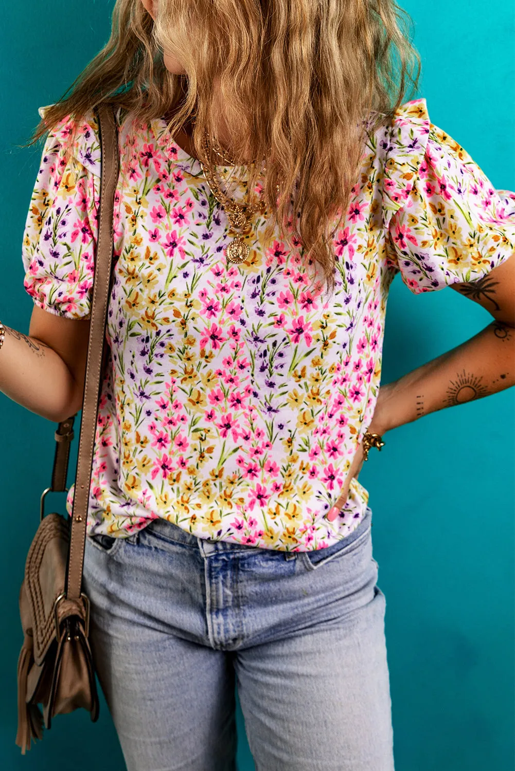 Pink Floral Puff Short Sleeve Crewneck Blouse sold by Beagle Boutique product image thumbnail 3