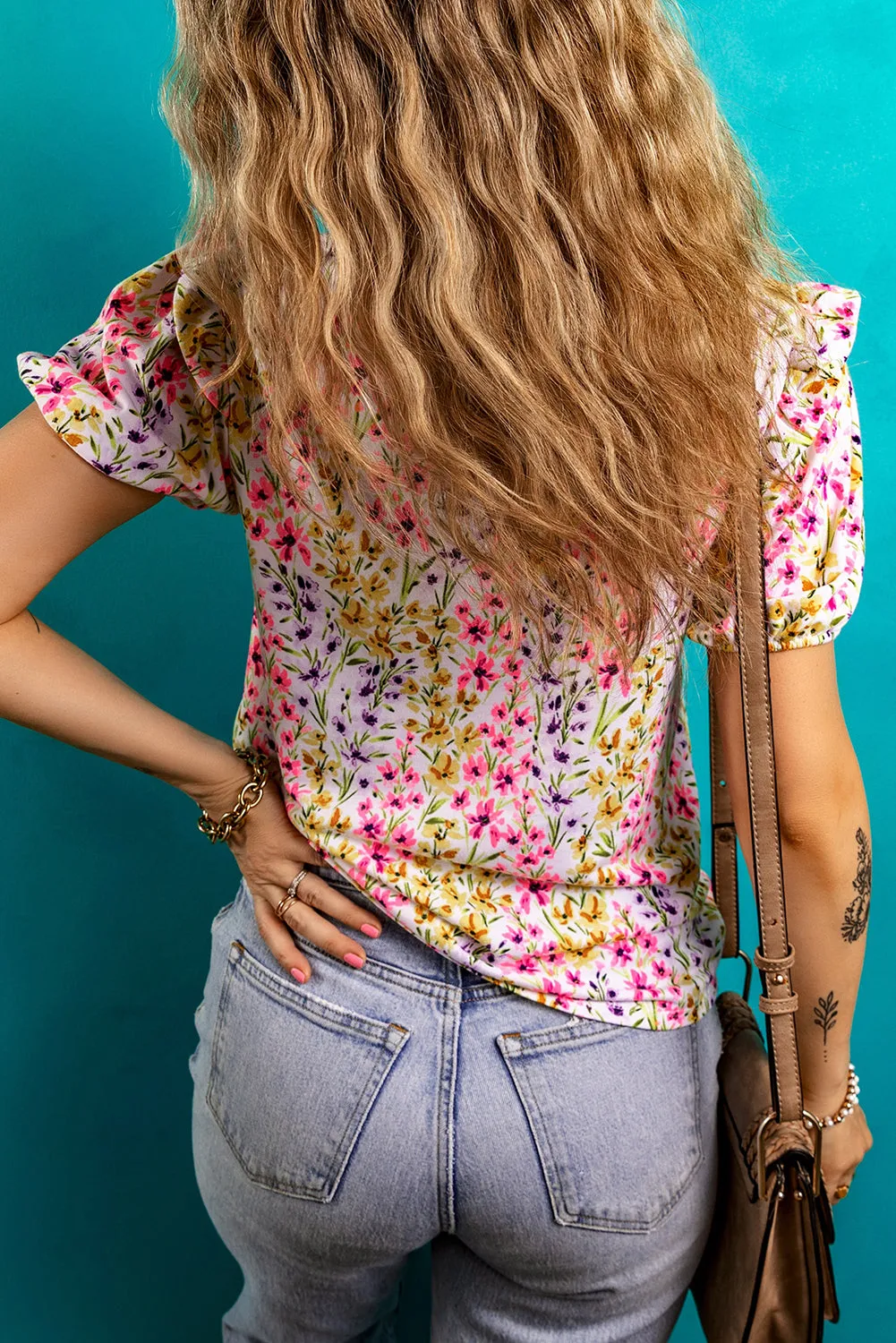 Pink Floral Puff Short Sleeve Crewneck Blouse sold by Beagle Boutique product image thumbnail 2