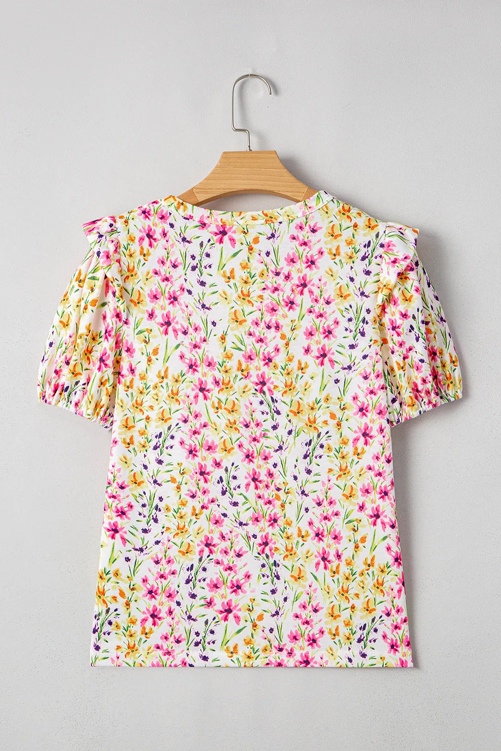 Pink Floral Puff Short Sleeve Crewneck Blouse sold by Beagle Boutique product image thumbnail 5