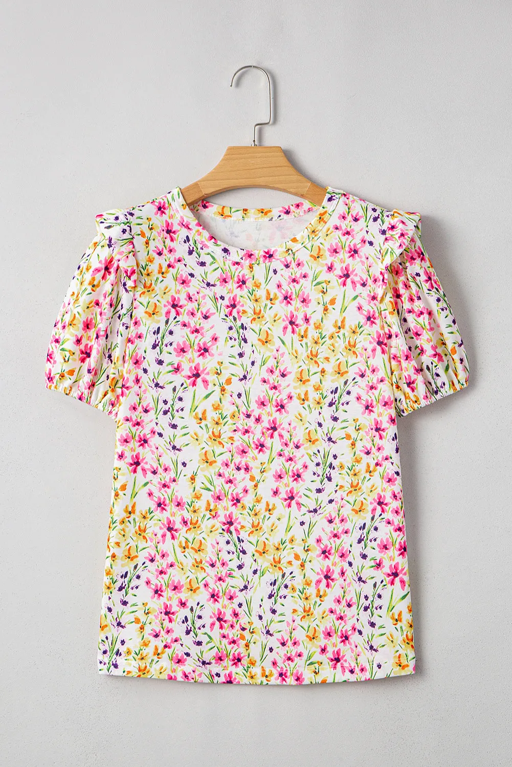 Pink Floral Puff Short Sleeve Crewneck Blouse sold by Beagle Boutique product image thumbnail 4
