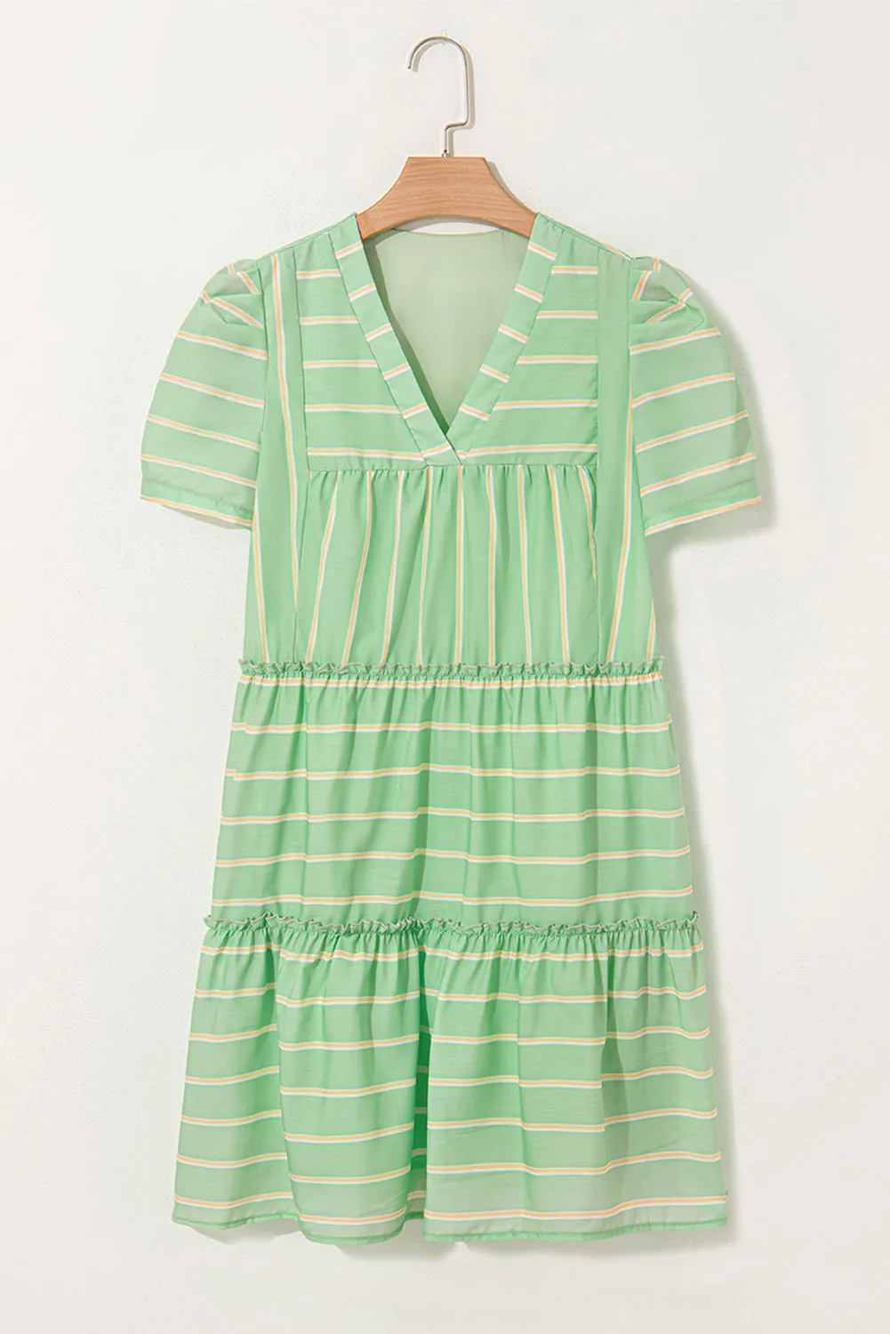 Green Stripe V-Neck Short Sleeve Frilled Detail A-line Dress sold by Beagle Boutique product image thumbnail 4