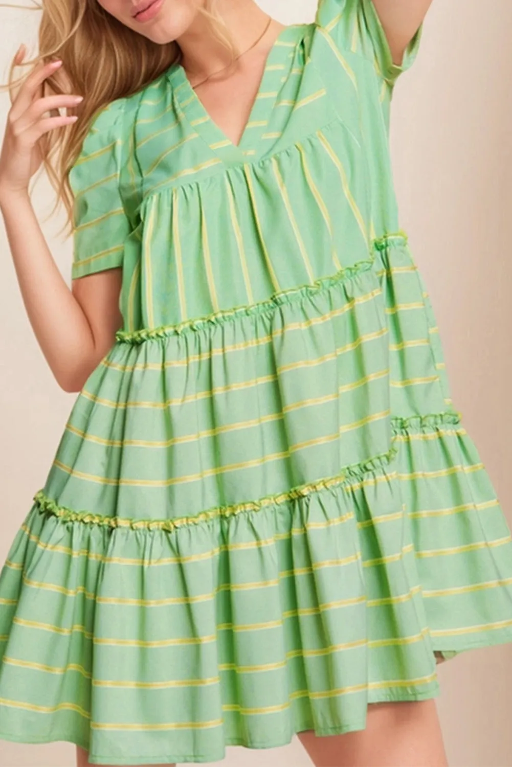 Green Stripe V-Neck Short Sleeve Frilled Detail A-line Dress sold by Beagle Boutique