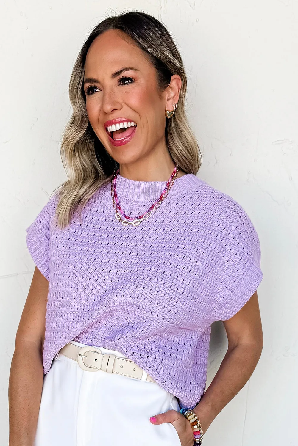 Pointelle knit Ribbed Trim Short Sleeve Sweater sold by Beagle Boutique product image thumbnail 3