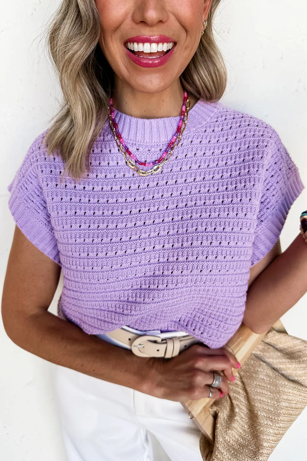 Pointelle knit Ribbed Trim Short Sleeve Sweater sold by Beagle Boutique